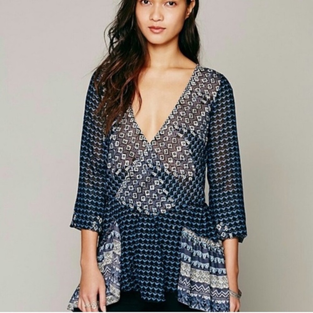 Free People Blue Chiffon Hi-Lo Top